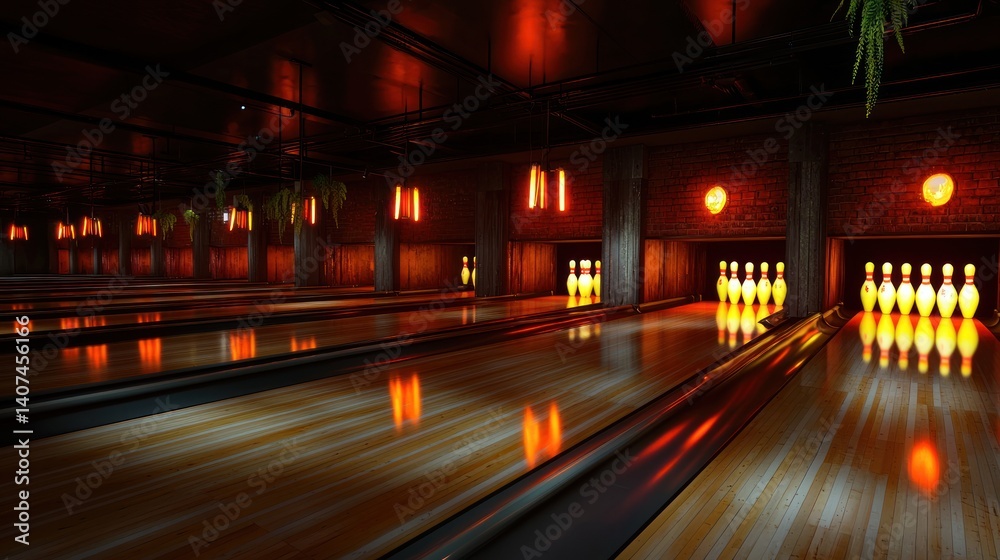 Empty bowling alley, industrial interior, illuminated pins, modern design Empty bowling alley, industrial interior, illuminated pins, modern design
