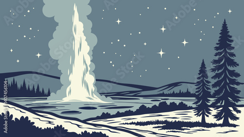 Starry night with geysers in Yellowstone – Wyoming, USA
