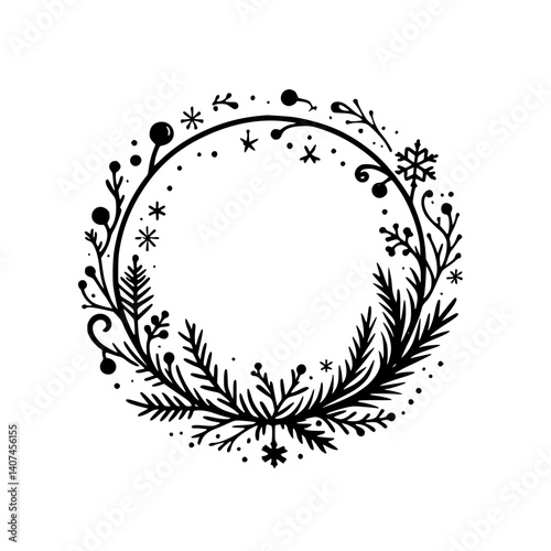 Minimalist Winter Wreath Illustration: Black & White Holiday Design