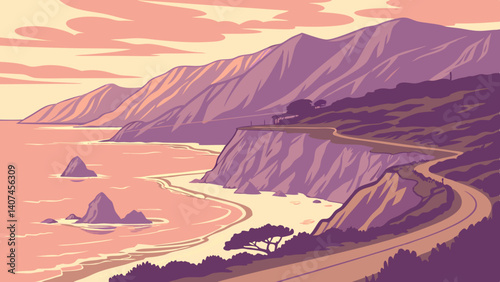 Pastel gradient of Big Sur cliffs and ocean at sunset – California, USA
