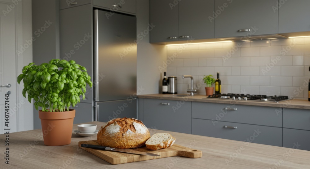 Modern kitchen scene with freshly baked bread and potted basil for home decor or culinary design
