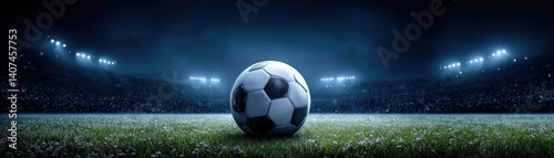 A lone soccer ball sits on the pitch under stadium lights, creating an atmosphere of anticipation and excitement.
