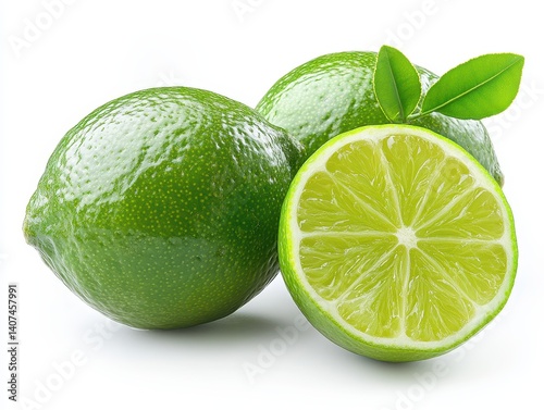Fresh green limes with smooth skin and vibrant color, one sliced in half revealing juicy interior, whole fruits arranged with green leaves on white background