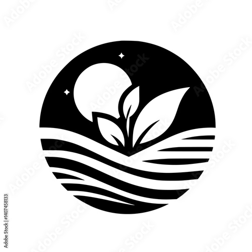Minimalist Eco Logo: Moonlit Leaves Over Fields