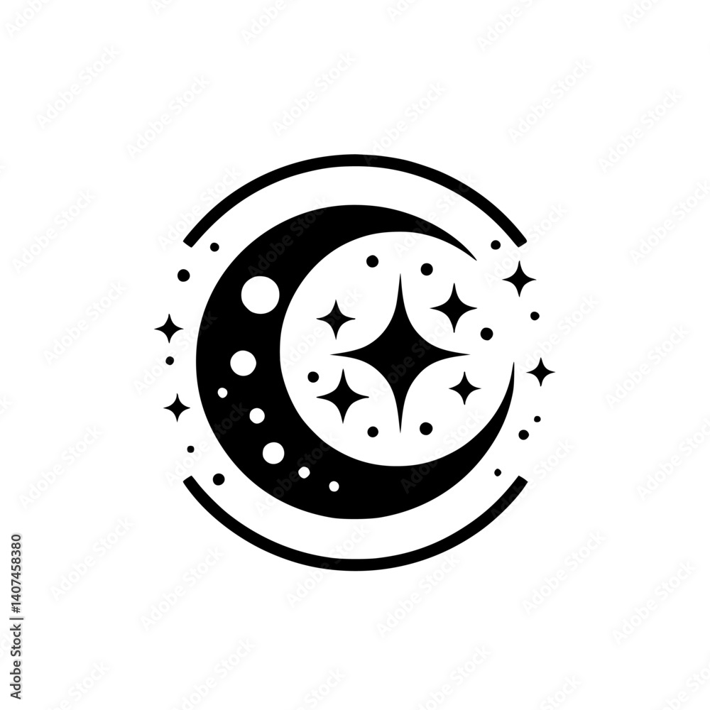 Obraz premium Black & White Crescent Moon & Star Logo Design, Mystical Celestial Illustration