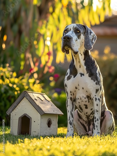 Playful Great Dane Sitting by Wooden Dog House in Sunny Greenery - The Perfect Companion for Outdoor Adventures