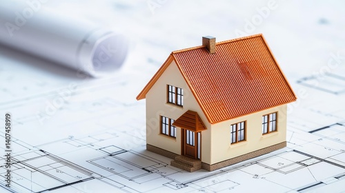 Building house on blueprint inside architecture and plan concept. A miniature house model on architectural blueprints.