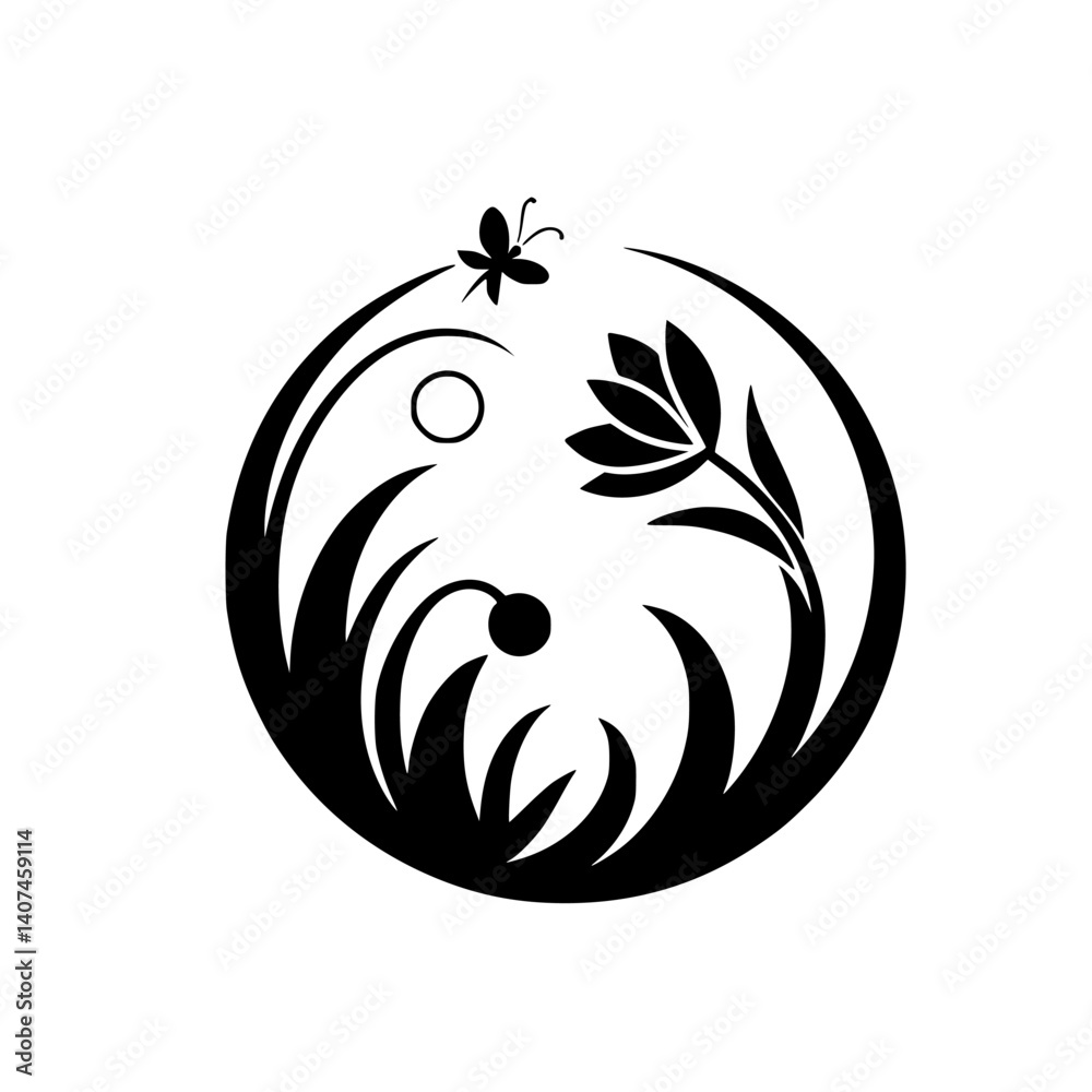 Fototapeta premium Abstract Floral Yin-Yang: Black and White Butterfly, Flowers, and Grasses