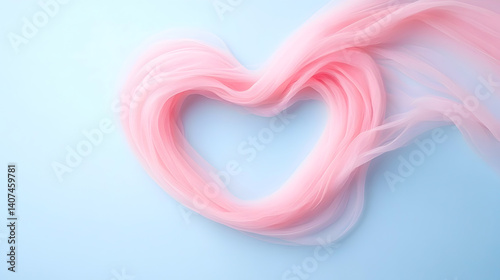 Pink fibers arranged in a heart shape on a soft blue background creating a visually appealing and artistic composition for love and affection concept