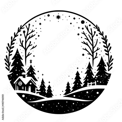 Winter Village in a Circle: Monochrome Scene with Trees and Snowflakes