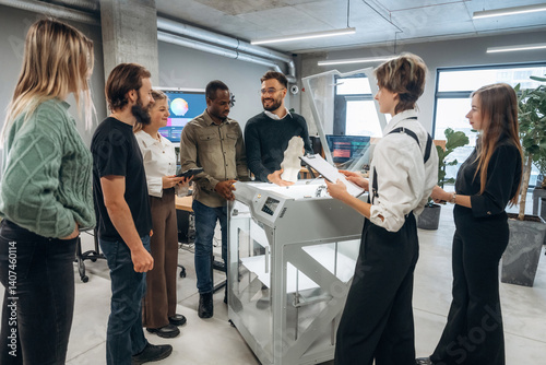 Gathering, looking at printed product. People are in the office by the 3d printer