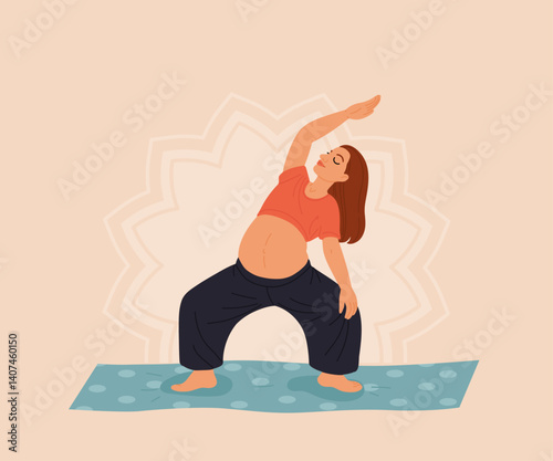 Pregnant women doing prenatal yoga exercises set. Mothers with bellies at fitness workout during pregnancy. Stretching gymnastics for moms. Flat vector illustration isolated on white background