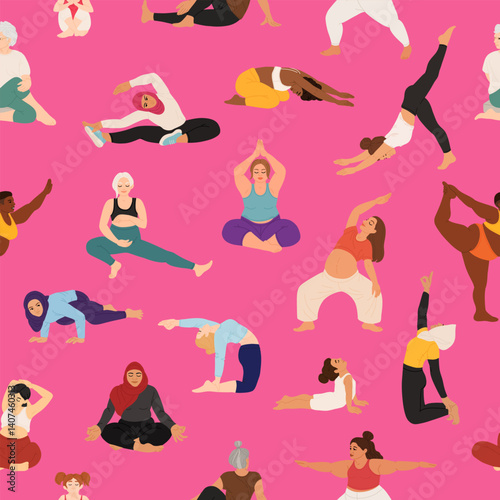The concept of diverse women doing yoga, gymnastics, stretching at home or in the gym. People of different physique, physical capabilities, appearance. Vector flat seamless pattern