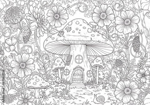 Whimsical mushroom house in flower garden, black and white coloring page. Ready to print on 8.5 x 11 inch paper, 300 dpi resolution for high-quality coloring fun.
