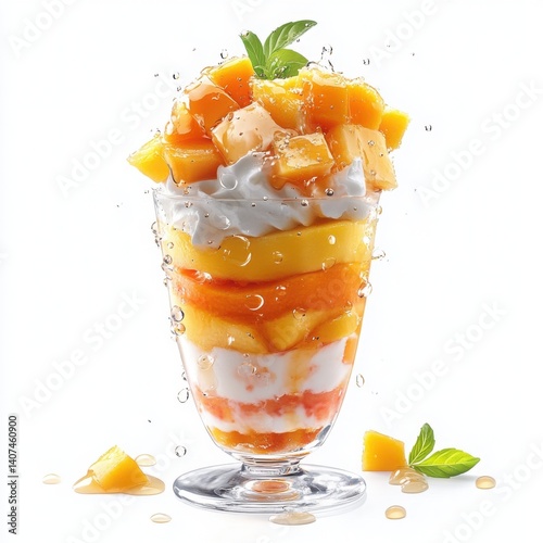 A luscious tropical fruit parfait layered with papaya, mango, and coconut cream,