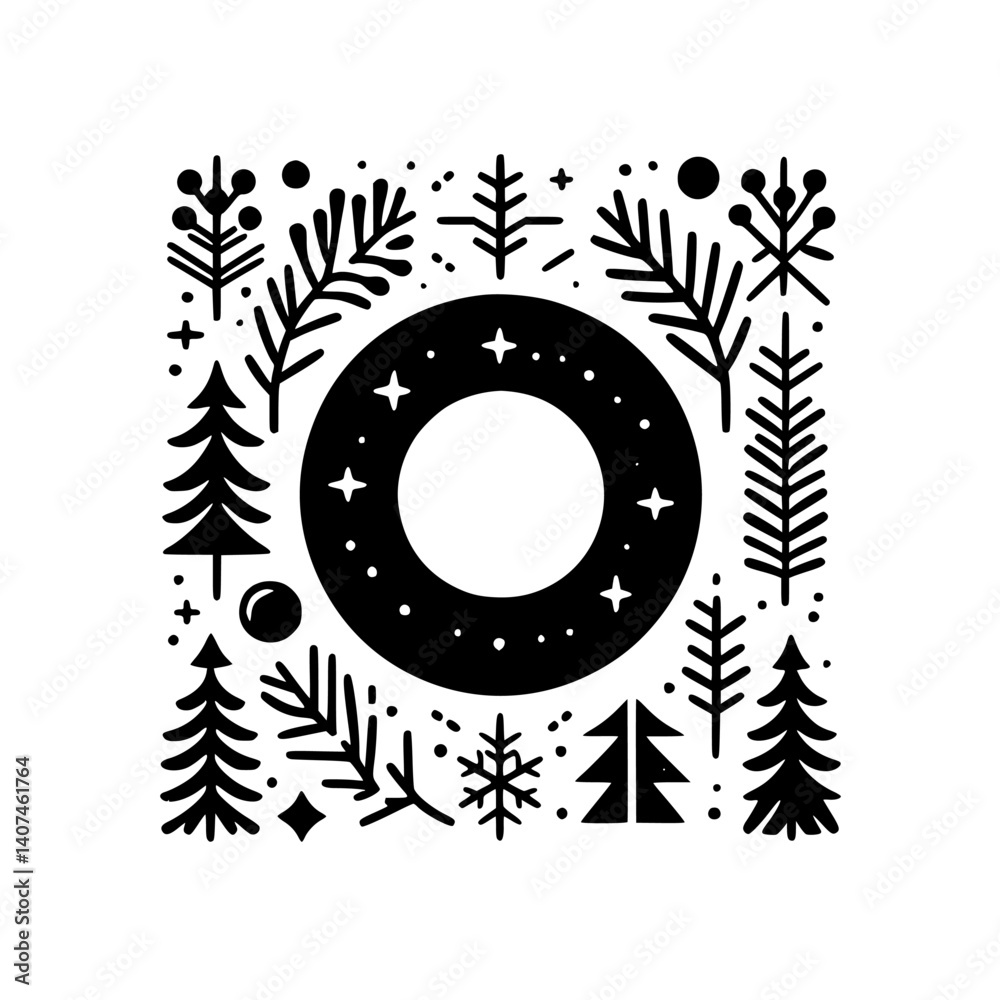 Obraz premium Festive Black & White Winter Wreath Illustration