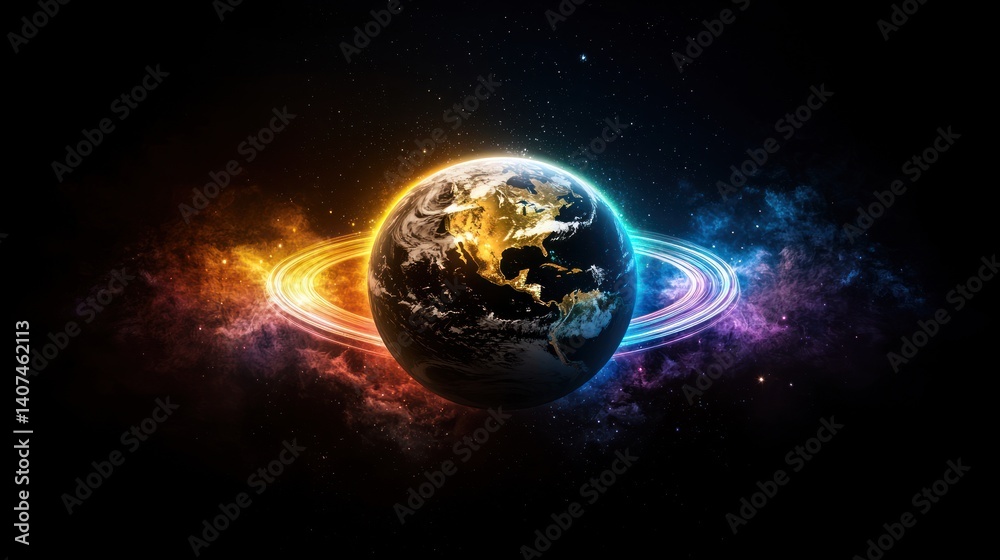 Obraz premium Earth in vibrant rings, cosmic background, glowing rings, digital art