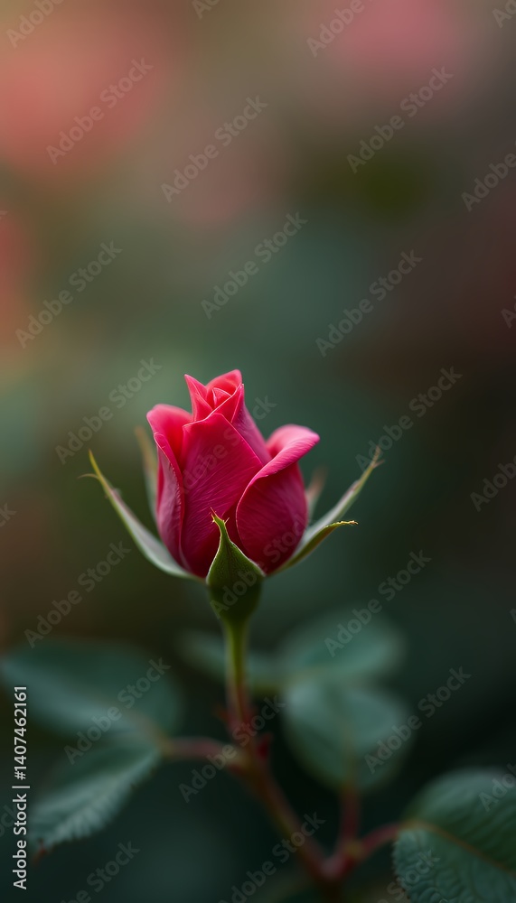 Dark Pink Rosebud with Dew Drops Close Up Soft Lighting Dark Pink Rosebud with Dew Drops Close Up Soft Lighting