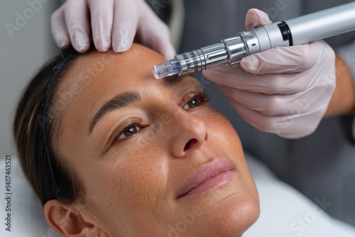 A close-up of a woman receiving a microneedling treatment in a professional spa, showcasing focused skincare techniques for rejuvenation and skin health.