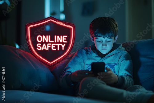 A boy sitting on the sofa alone in the dark, beside him a red neon shield with online safety words on it