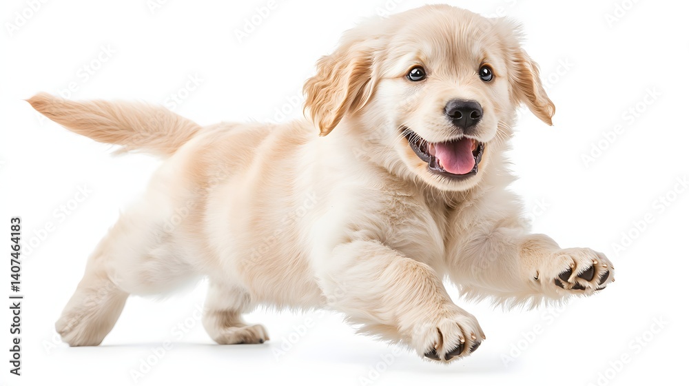 Playful Golden Retriever Puppy Running Joyfully with a Bright Smile on White Background Playful Golden Retriever Puppy Running Joyfully with a Bright Smile on White Background
