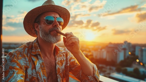 Relaxing Man Enjoying Cigar at Sunset Over Cityscape Rooftop