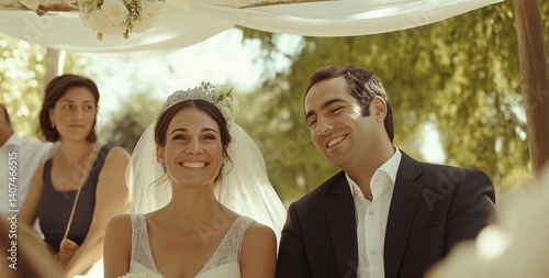 Bride and groom are smiling during their wedding ceremony, sitting under the chuppa canopy, surrounded by family and friends, sharing a moment of joy and love photo