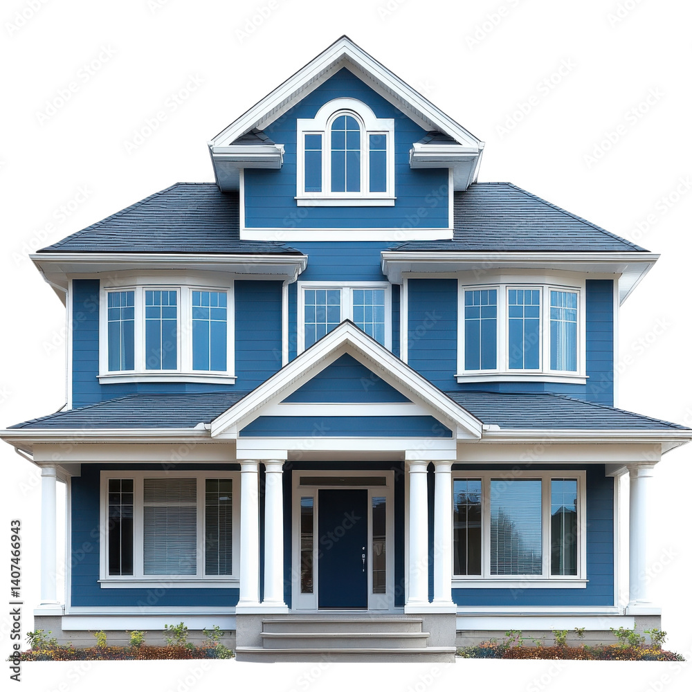 Modern blue house with white trim isolated on a clear sky background perfect for architectural design projects isolated on transparent background. Modern blue house with white trim isolated on a clear sky background perfect for architectural design projects isolated on transparent background.