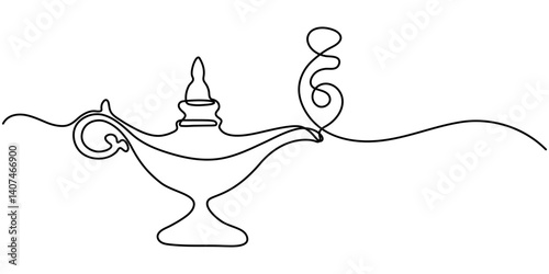continuous line of aladin's lamp. single line of classic aladdin lamp vector. drawing one line isolated on white background, one line drawing magical lamp antique object vector illustration template. 