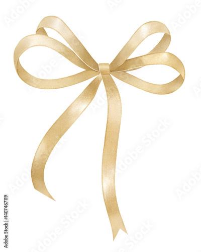 Watercolor illustration of a gold ribbon bow on transparent background.