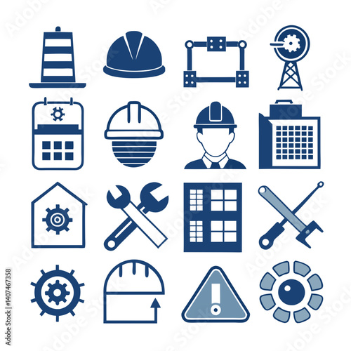 Blue Construction and Engineering Icons for Industry and Development