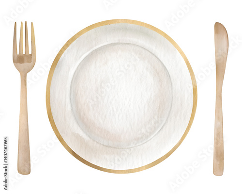 Watercolor illustration of a wedding place setting with plate, fork, and knife on transparent background.