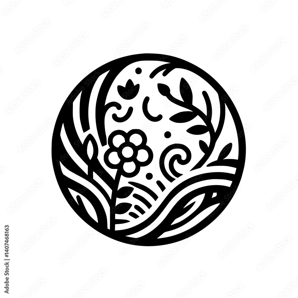 Fototapeta premium Floral Mandala: Black and White Nature Illustration