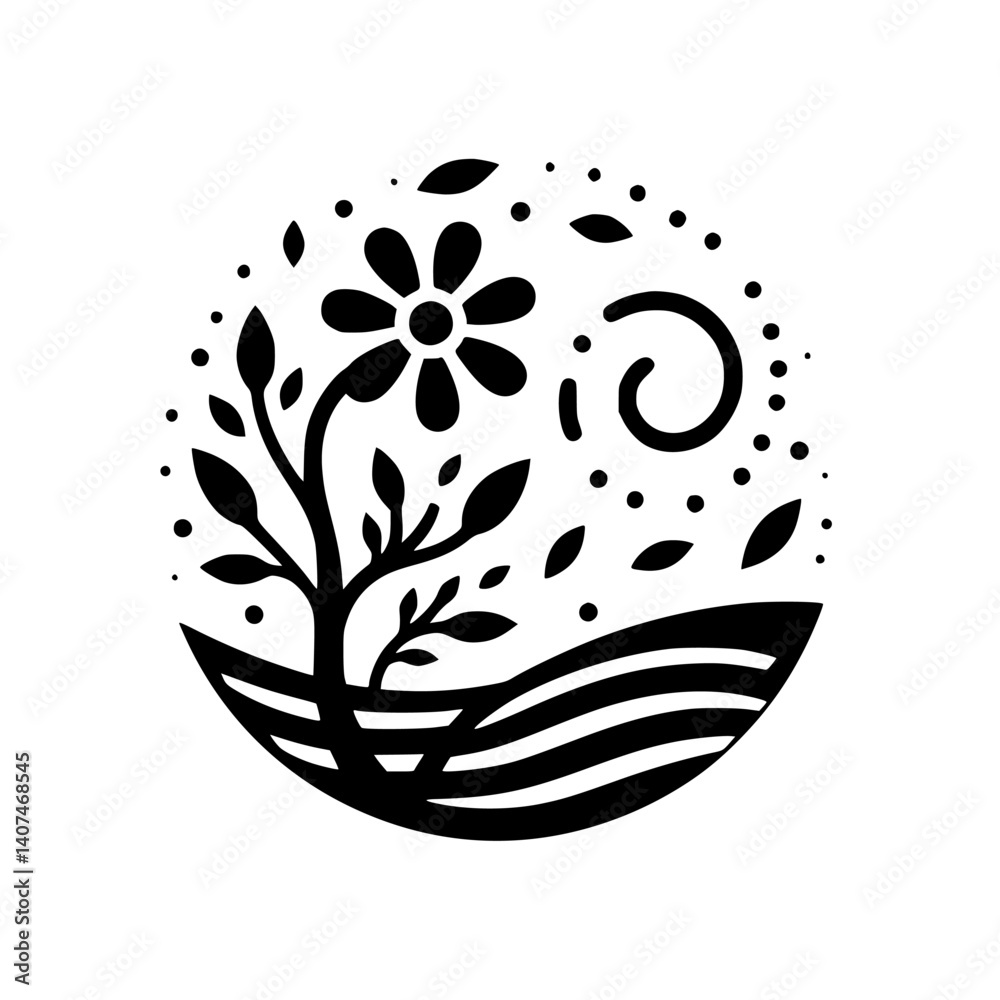 Obraz premium Black & White Floral Illustration in Circle, Botanical Design