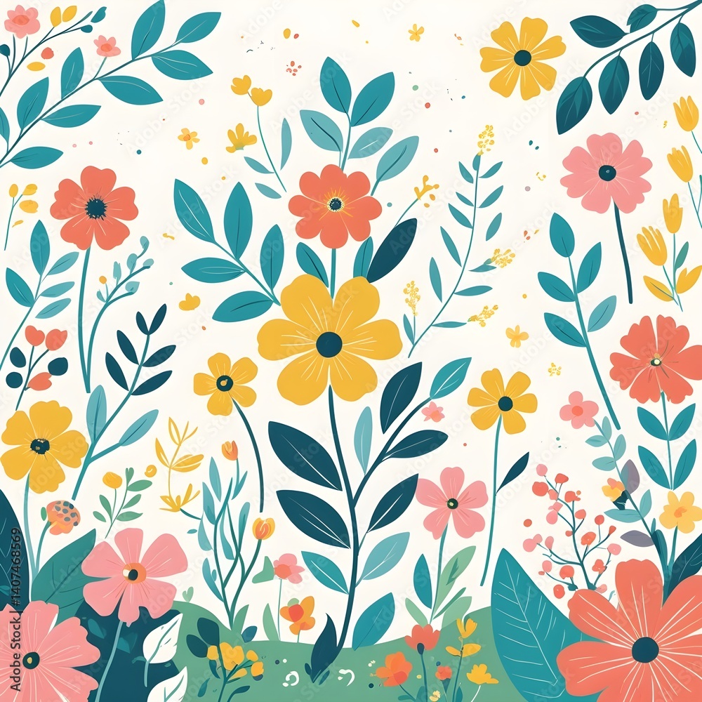 This cheerful, seamless pattern features a variety of stylized flowers and leaves in a mix of bright yellow, coral, pink, and orange tones on a soft cream background.