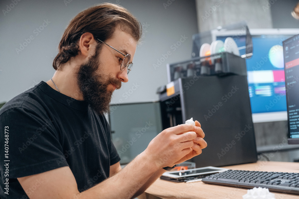Computer with 3d printer. Man is in the modern office, one person Computer with 3d printer. Man is in the modern office, one person