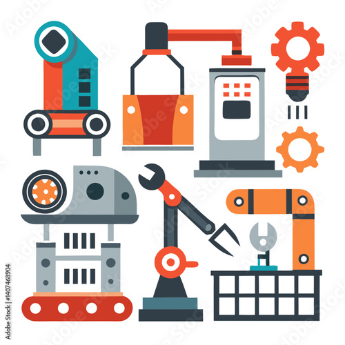 Flat vector icons set of automatic production machines