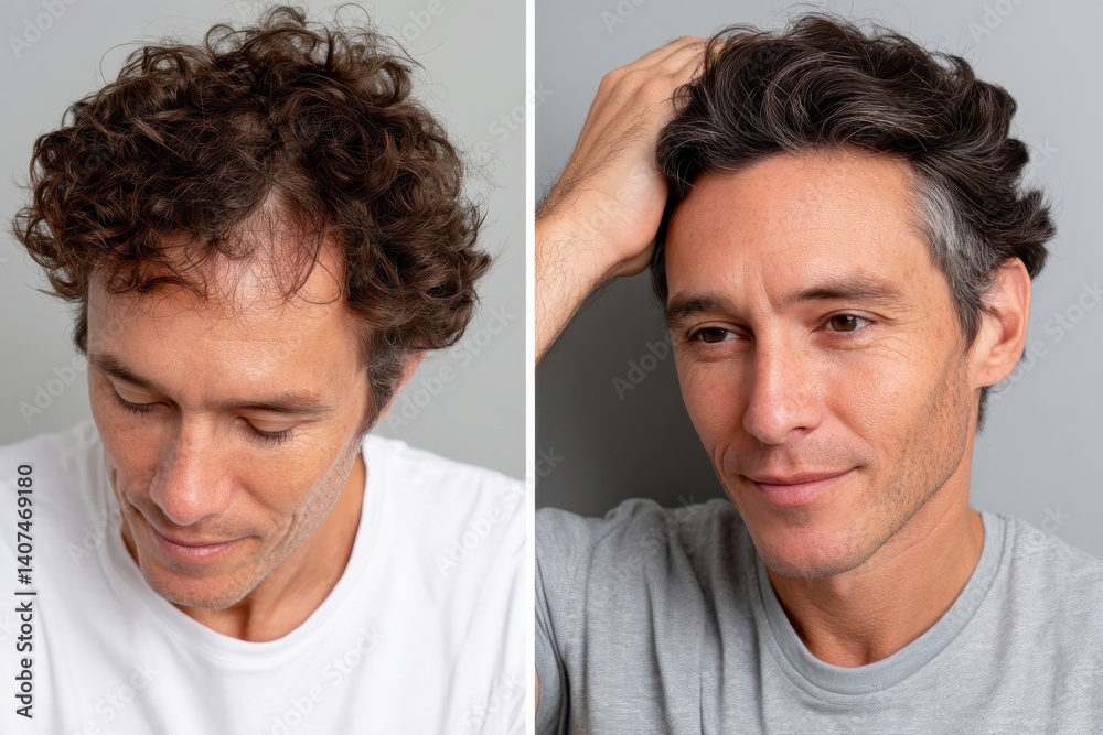 A dual image capturing a man with curly hair and another with styled hair, reflecting modern hairstyles, emotions, and individual personalities in a contemporary setting. A dual image capturing a man with curly hair and another with styled hair, reflecting modern hairstyles, emotions, and individual personalities in a contemporary setting.