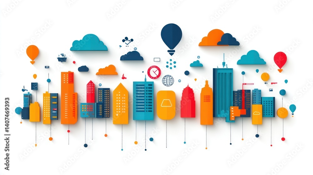 Fototapeta premium Colorful city skyline illustration with connected elements, abstract urban concept