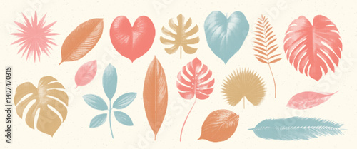 Summer tropical leaves collage set with retro halftone dotted cut-out elements. Vector illustration in summer pastel colors.