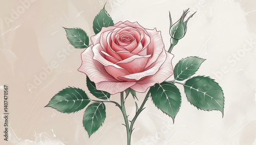 Wallpaper Mural Elegant Pink Rose Blossom with Green Leaves and Bud Botanical Illustration Floral Design Torontodigital.ca