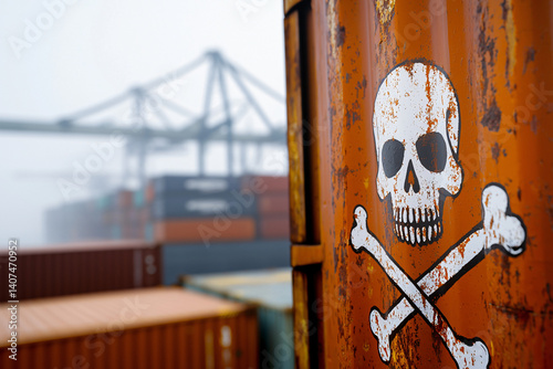 painted jolly roger symbol dripping on metal container surface, anonymous figure walking away, vast container terminal backdrop