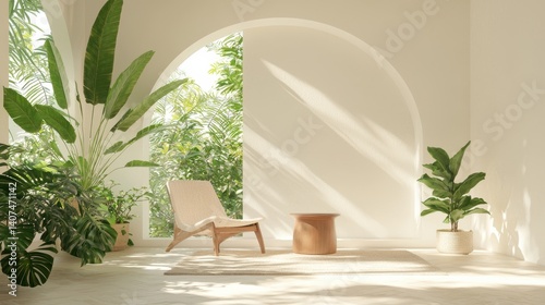 Sunlit interior design with tropical plants, modern chair, and elegant architecture, perfect for relaxation and wellness.