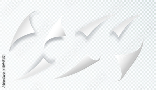 Curly Page Corner realistic illustration. Curled corners set. Paper page curl corner, flip turn fold sheet. Sticker. Vector