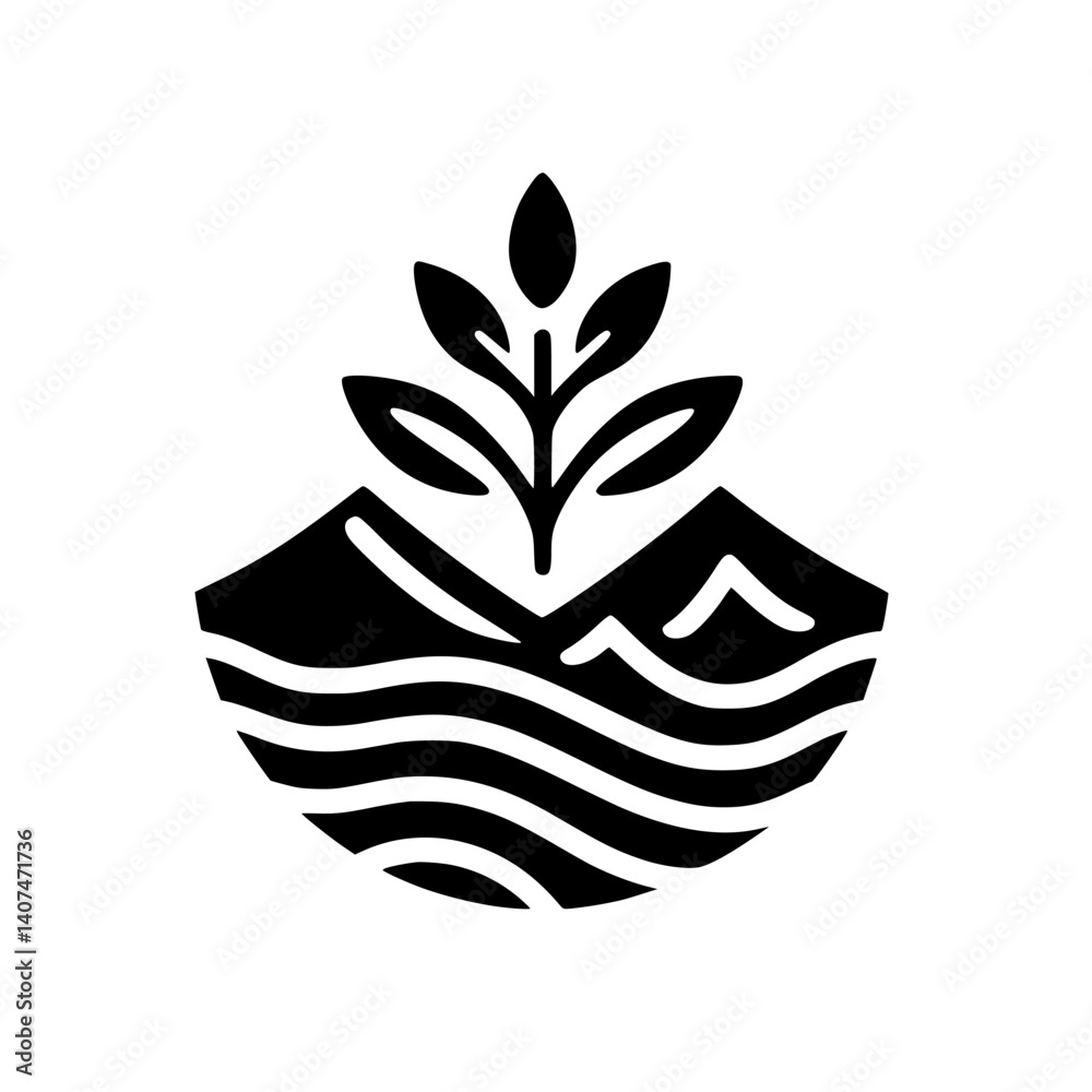 Fototapeta premium Minimalist Mountain and Plant Logo, Black and White