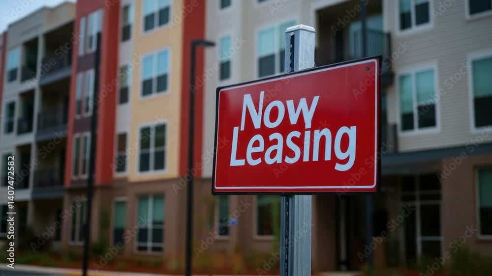 Seeing Now Leasing Sign in Front of Modern Apartment Building Seeing Now Leasing Sign in Front of Modern Apartment Building
