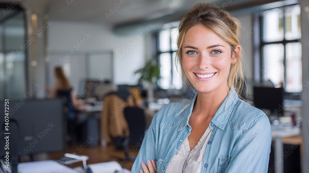 Obraz premium Modern Munich Office Scene with Young Business Professional Smiling