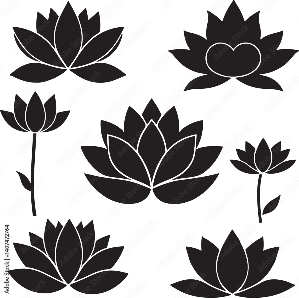 sat of lotus flowers silhouette victor isolated on the white background. sat of lotus flowers silhouette victor isolated on the white background.