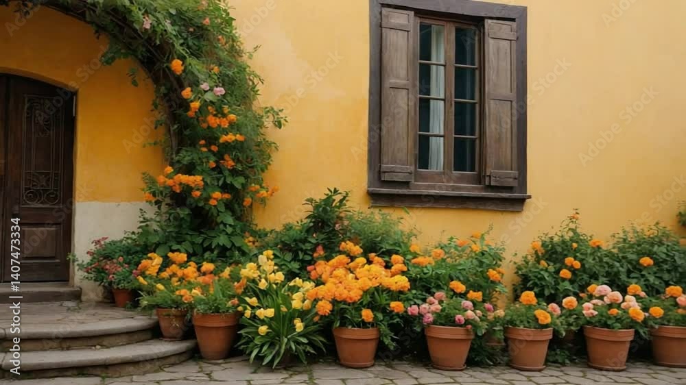 Floral-Embraced Rustic Doorway with Potted Blooms and Aged Yellow Walls Floral-Embraced Rustic Doorway with Potted Blooms and Aged Yellow Walls