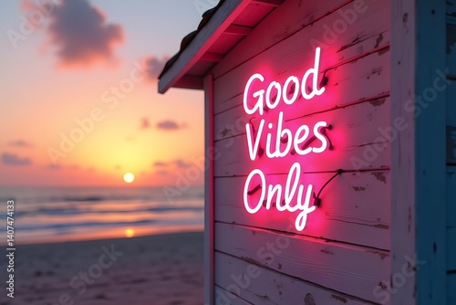 Neon 'Good Vibes Only' sign glowing on house wall in warm sunset tropical ambiance
